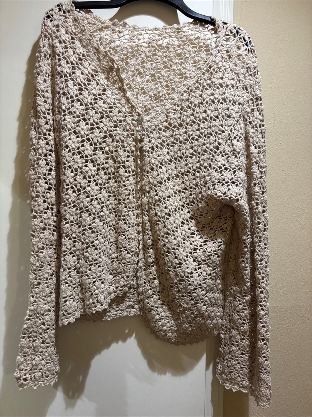 Source Unknown Open Crochet Knit Cardigan in Tan